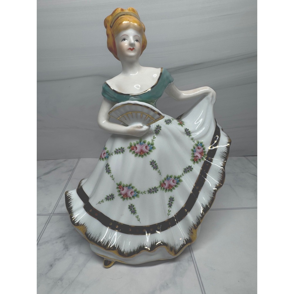 Vintage Porcelain Victorian Lady Figurine Floral Gown Teal Bodice Gold Trim Fan